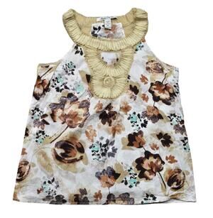 American Rag Floral Print Gold Frayed Sleeveless Around The Neck Sheer Blouse